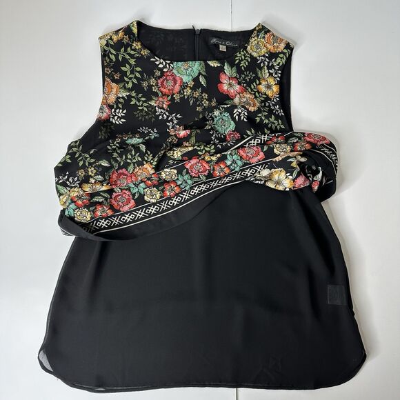 Rose & Olive Sleeveless Top Sz L Black Floral Chiffon Bloomcore Office Career - Picture 9 of 13